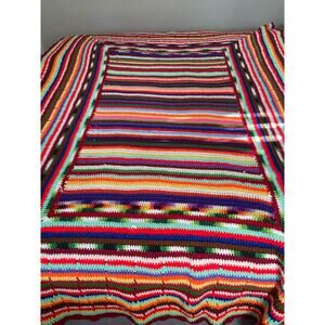 Vintage 70s Multicolored  Afghan Box Pattern Heavy Yarn Handmade
